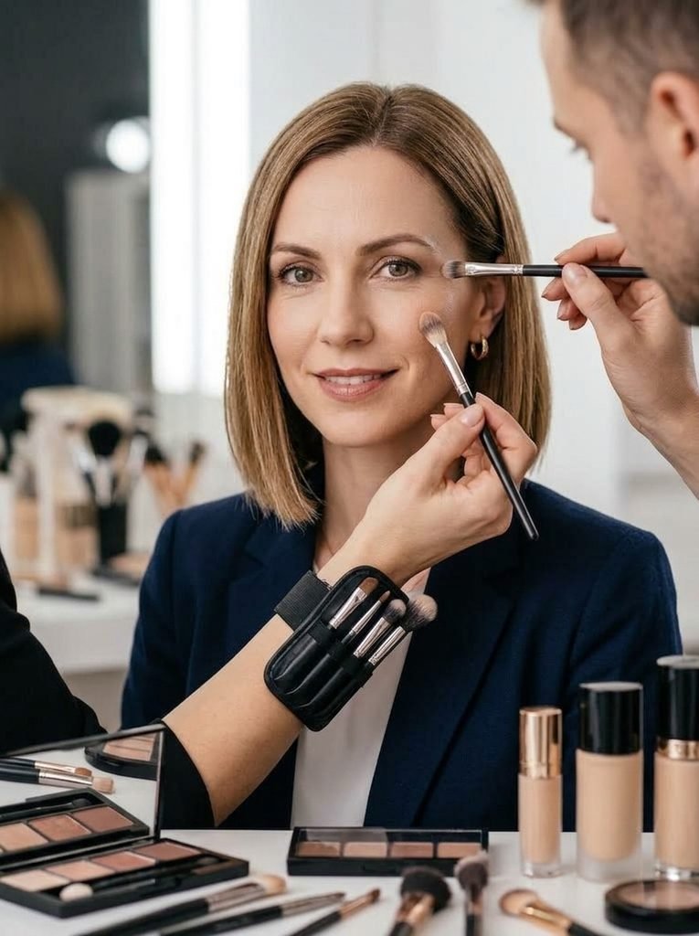A woman with a sleek blonde bob sits while two makeup artists work on her. One uses an eyeshadow brush, and the other applies foundation. The latter wears a convenient brush holder on their wrist. The table in front of them is laden with makeup supplies, including palettes and brushes.