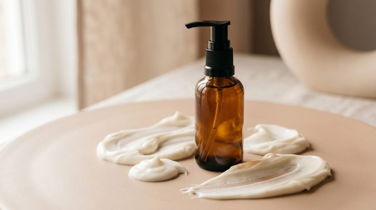 Amber glass bottle on a beige surface surrounded by smooth cream textures in bright studio light.
