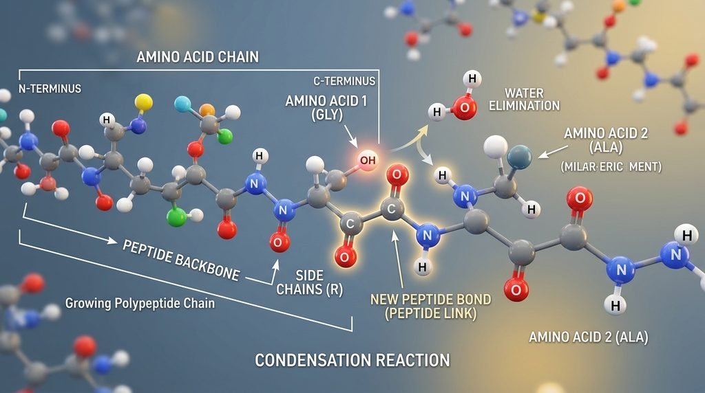 3D visual model showing interconnected molecular spheres representing amino acids.