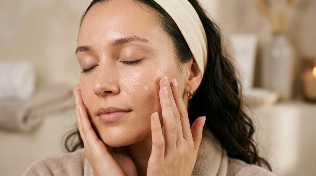 Close-up of clean hands pressing hydrating essence liquid gently into face skin.