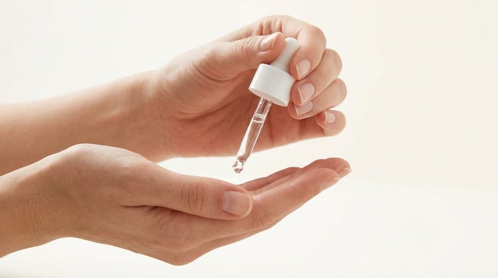 Hands applying a single drop of serum onto skin for testing
