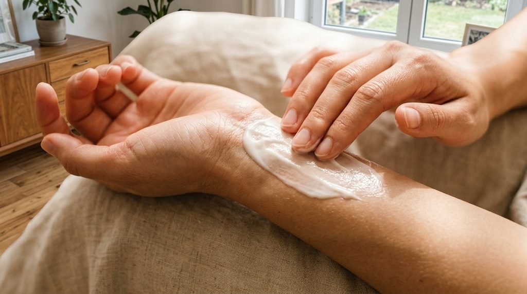 Close-up shot of rich moisturizing cream being smoothed over skin for barrier repair