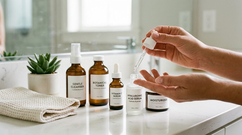 Fingertips receiving a drop of clear serum from a glass pipette over a clean vanity.