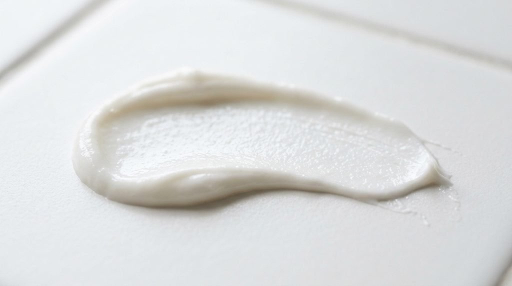 Macro view of a velvety white cream swatch on a clean surface.