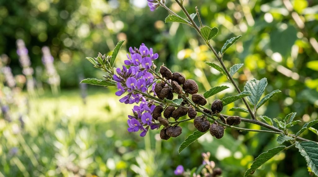 Close-up view of purple babchi plant blossoms and green seed pods outdoors, 