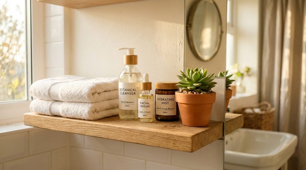 A serene bathroom shelf with skincare bottles, folded white towels, and a small green plant.
