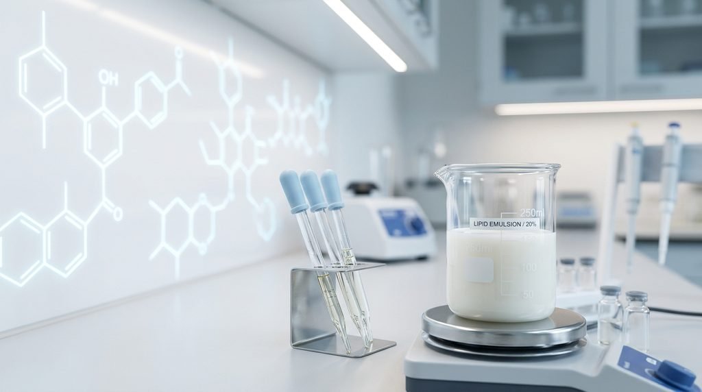 Scientific beaker with milky lipid emulsion next to droppers on a bright laboratory desk.