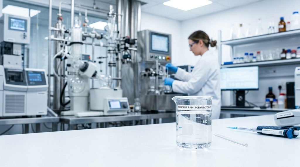 Clean laboratory environment with scientific glassware used for skincare ingredient research.