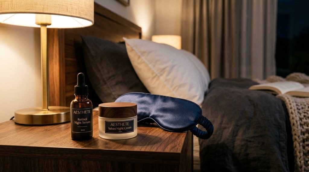 A amber glass retinol serum bottle resting on a wooden nightstand next to a silk sleep mask.