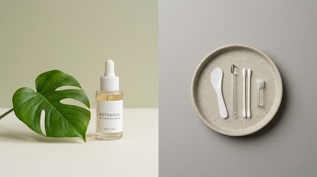 Minimal skincare concept showing green botanical leaf and serum bottle on clean background.
