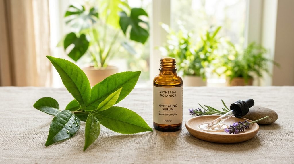 Botanical leaf and glass dropper on light linen symbolizing proactive skin health choices.
