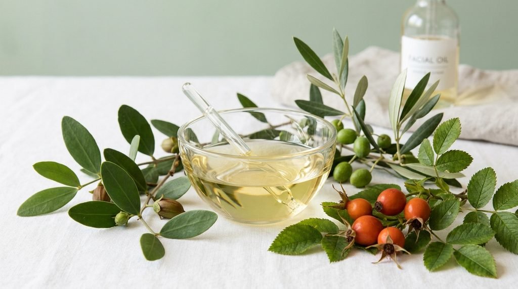 Jojoba leaves and rosehip pods placed around a clear bowl of facial oil.