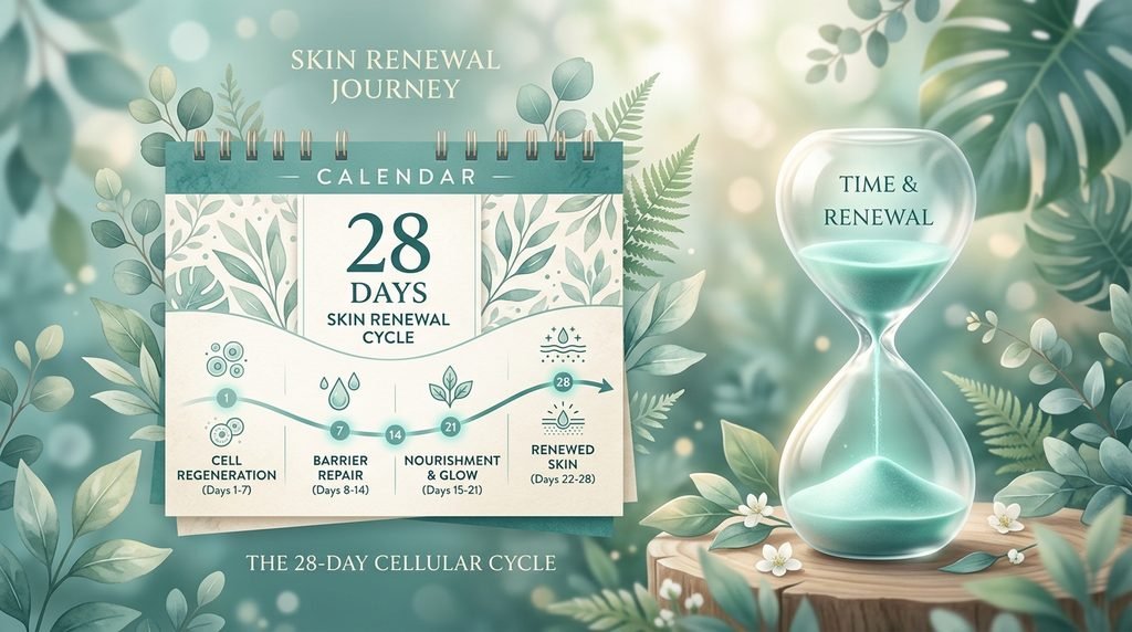 Conceptual timeline artwork representing skin barrier recovery over a four-week cycle