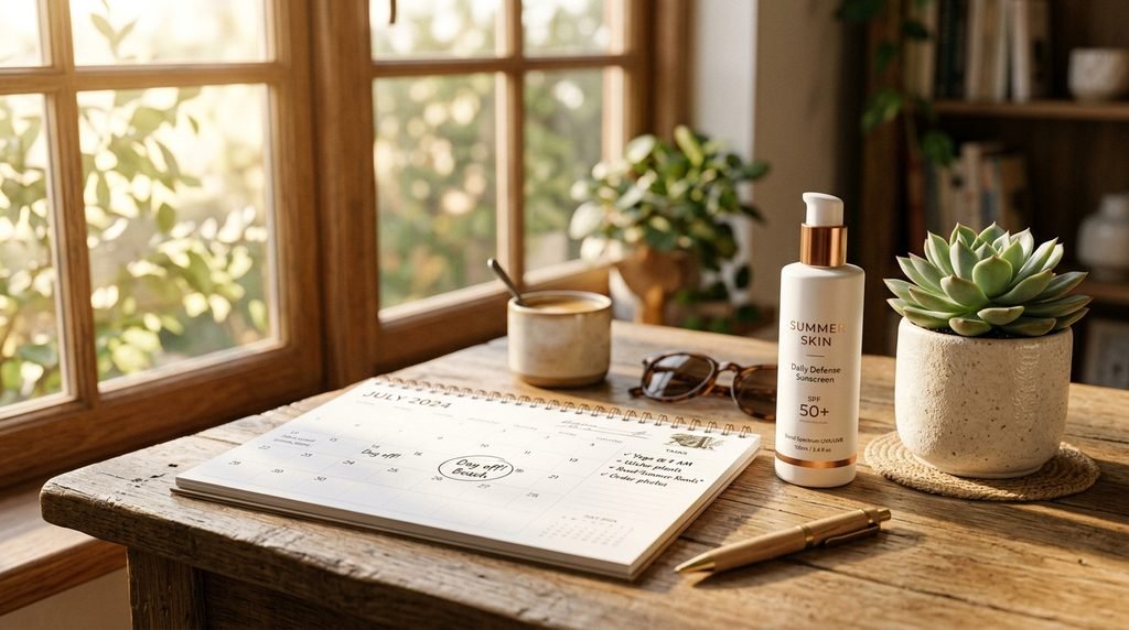 Skincare serum and sunscreen sitting beside a desk calendar in warm sunlight.