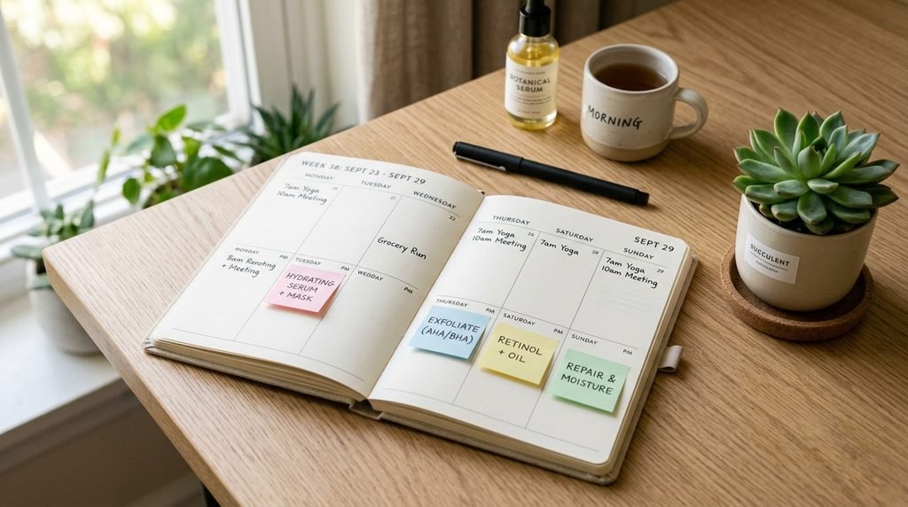 An open weekly planner on a wood desk marking scheduled skincare routine days with soft light.