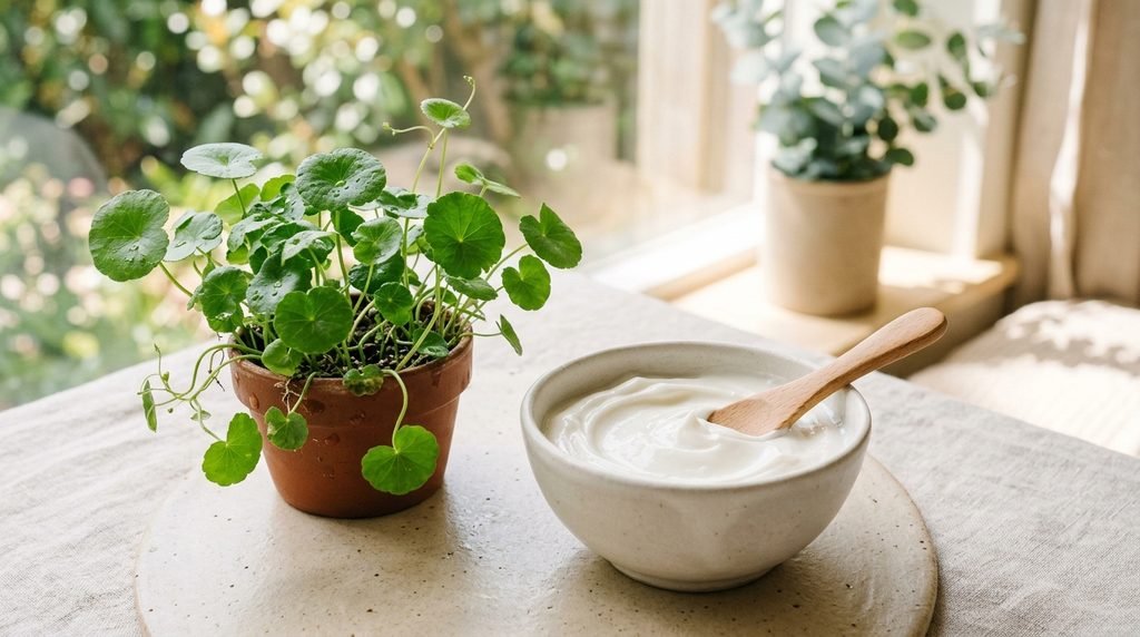 Fresh green Centella Asiatica plant next to a jar of ceramide cream.