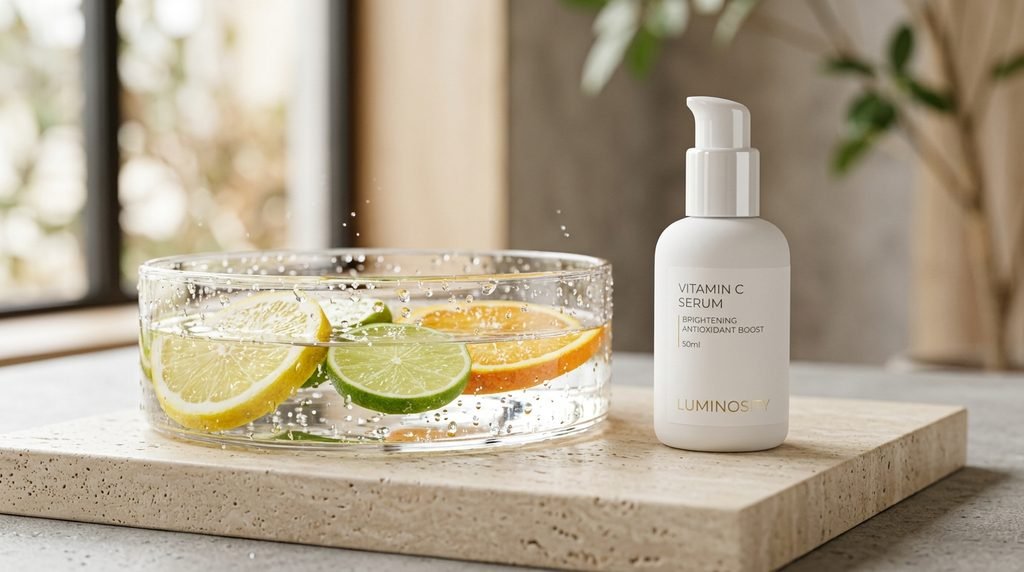 Fresh citrus and sleek serum bottle on a beige background.