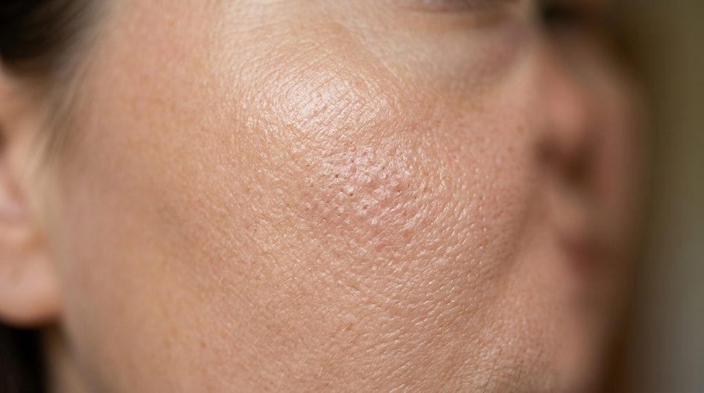 Close-up of natural skin texture showing mild purging breakouts