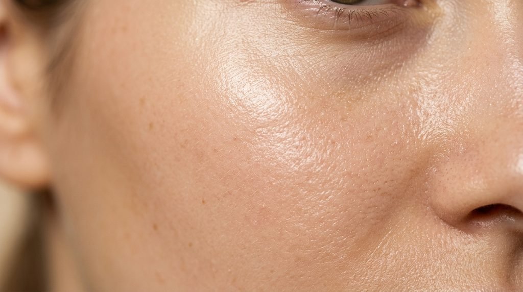 Macro photograph of healthy, radiant, hydrated skin showing natural texture.
