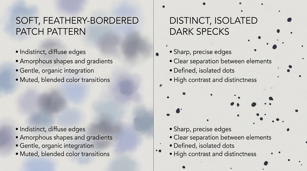 Comparison graphic illustrating feathery melasma patch patterns next to isolated hyperpigmentation dots.