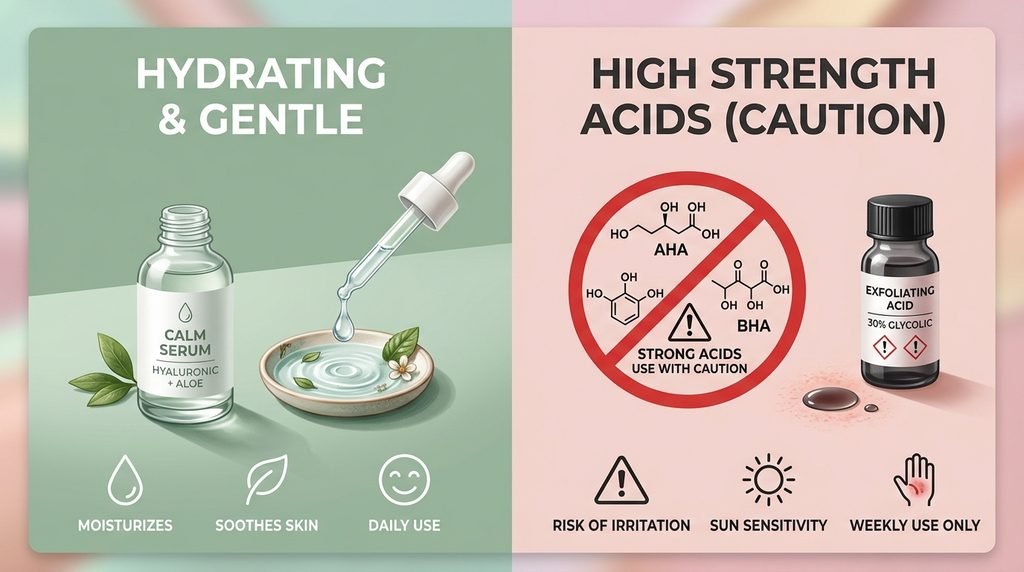 Conceptual comparison of gentle skincare serum vs harsh active ingredients on dual-tone background.