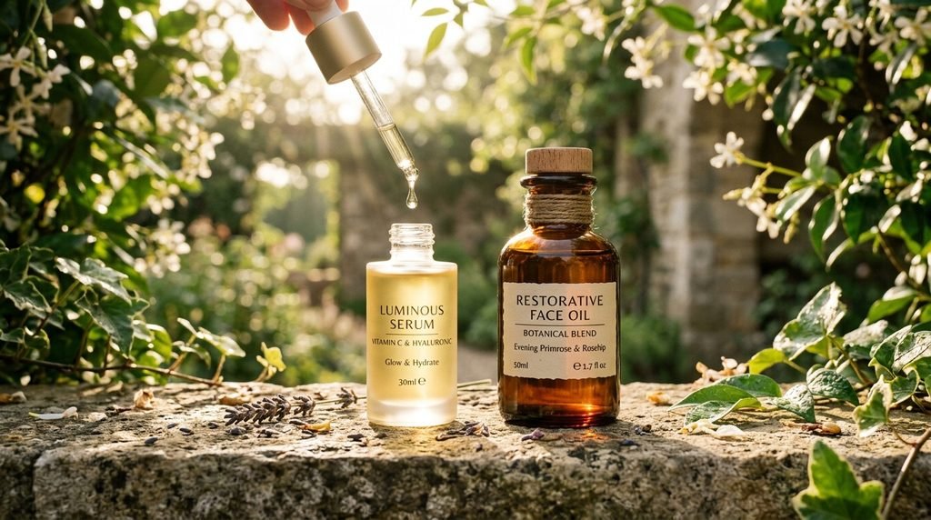 Serum bottle with glass dropper next to an apothecary style face oil bottle.