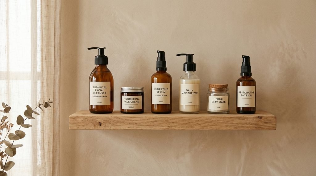 Minimalist skincare bottles arranged on a floating wooden shelf against a beige wall.