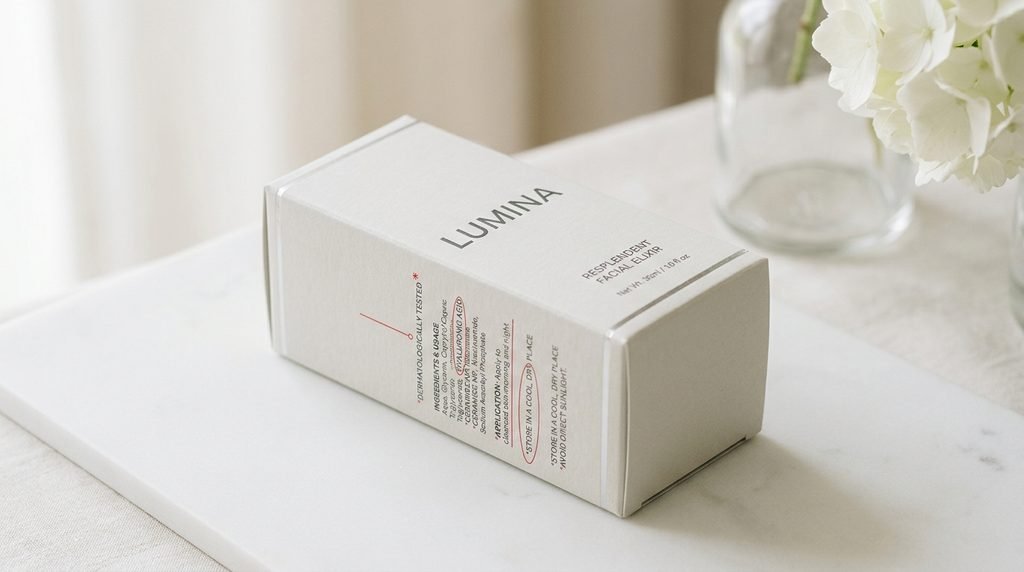 Close up of fine print asterisk claims on a luxury skincare product package.