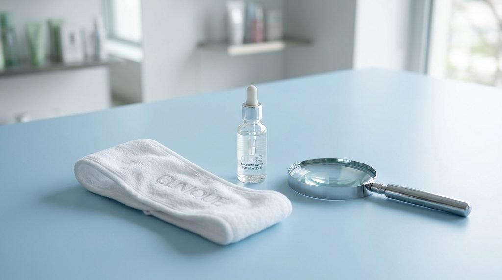 Skincare diagnostic setting with a glass bottle and magnifying glass on pale blue tile.