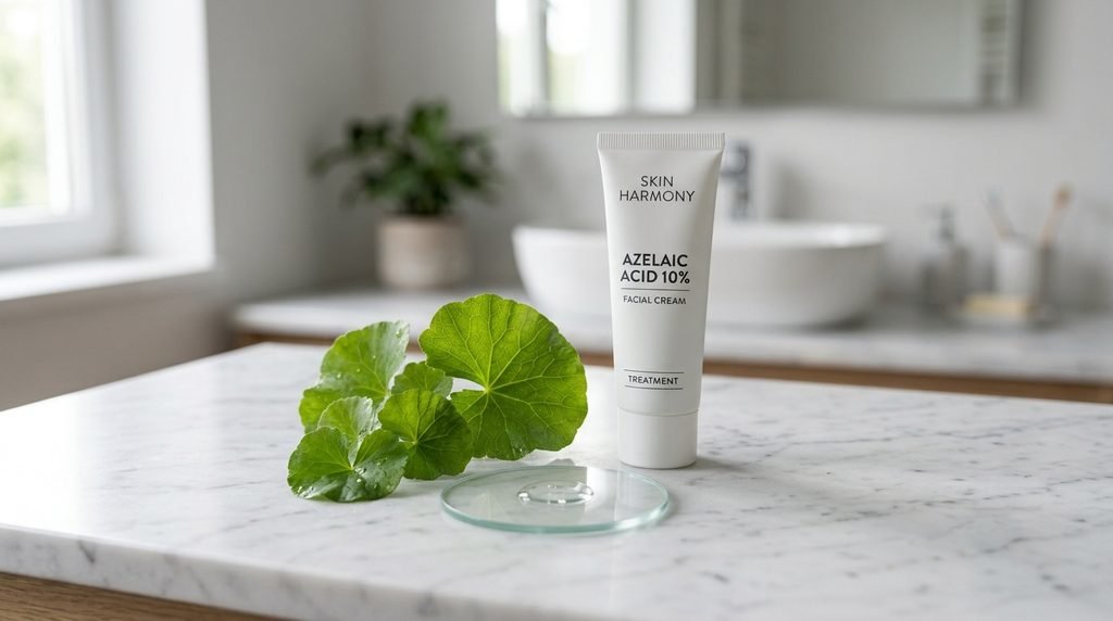 Tube of azelaic acid cream beside cica leaves on a marble countertop.