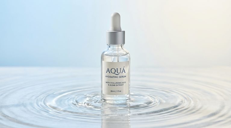 Minimalist glass dropper bottle with clear serum over soft blue background.