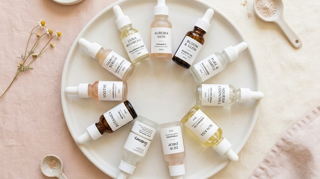 Overhead flat lay of colorful skincare dropper bottles arranged in a circle.