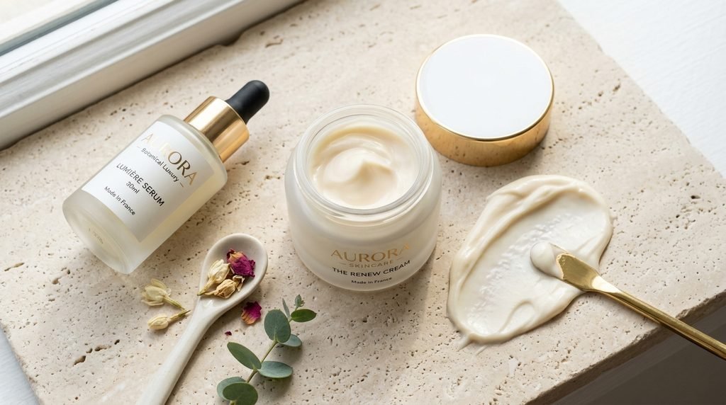 Flatlay of modern skincare jar and dropper on a natural light stone surface.
