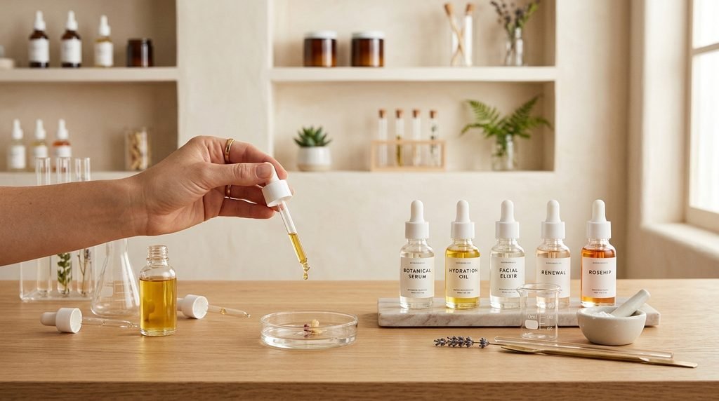 Clean skincare lab setup with glass droppers and soft lighting for executive summary.
