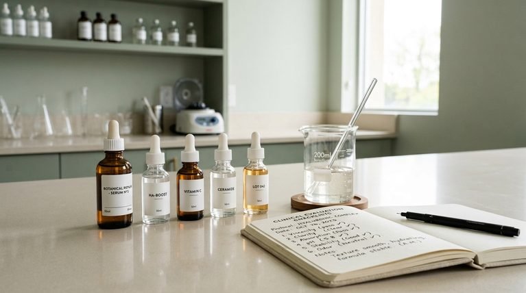 Skincare serum bottles and laboratory glassware on a clean counter for clinical testing.