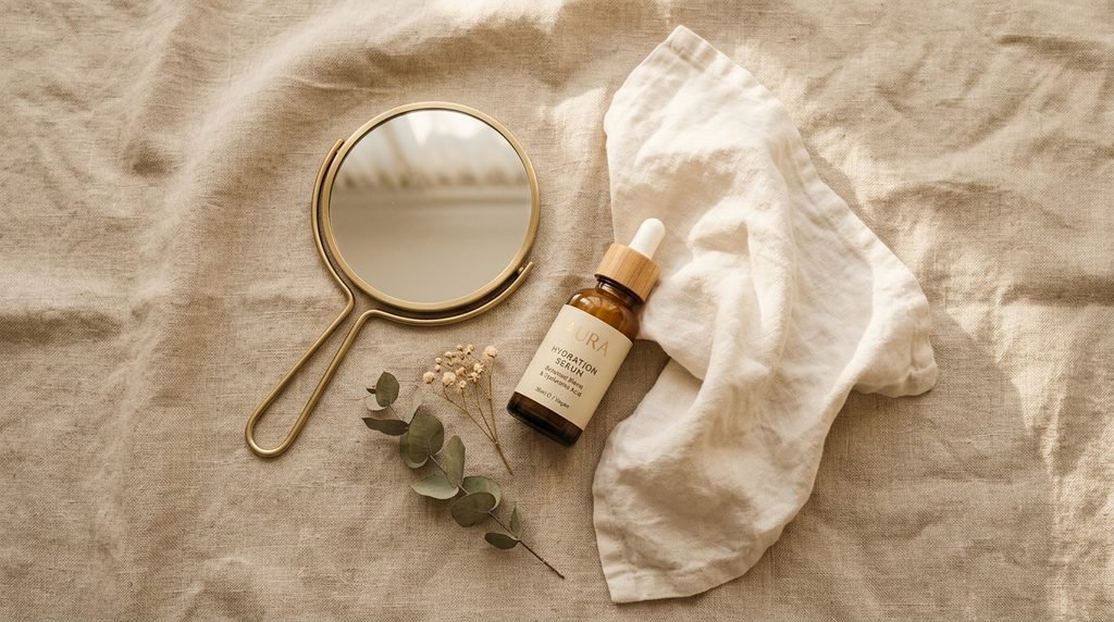 Flat-lay photo of a cosmetic mirror and serum bottle representing skin care observation.