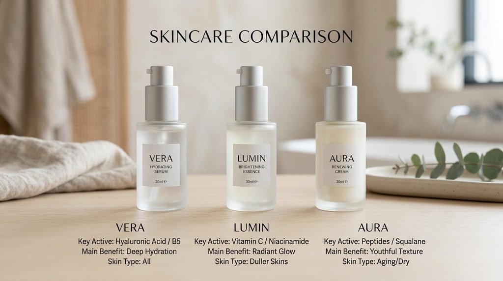 Three minimalist cosmetic bottles demonstrating skincare marketing terminology.
