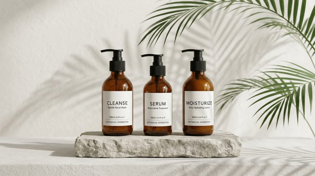 Skincare pump bottles arranged neatly on a stone pedestal with gentle botanical shadows