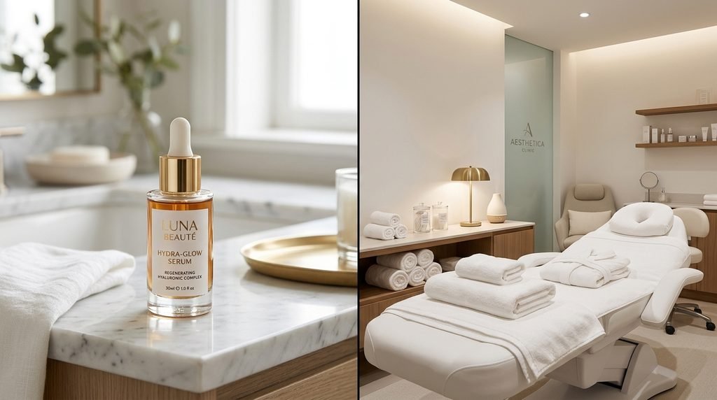 Skincare bottle placed next to a clean aesthetic medical spa treatment room setup.