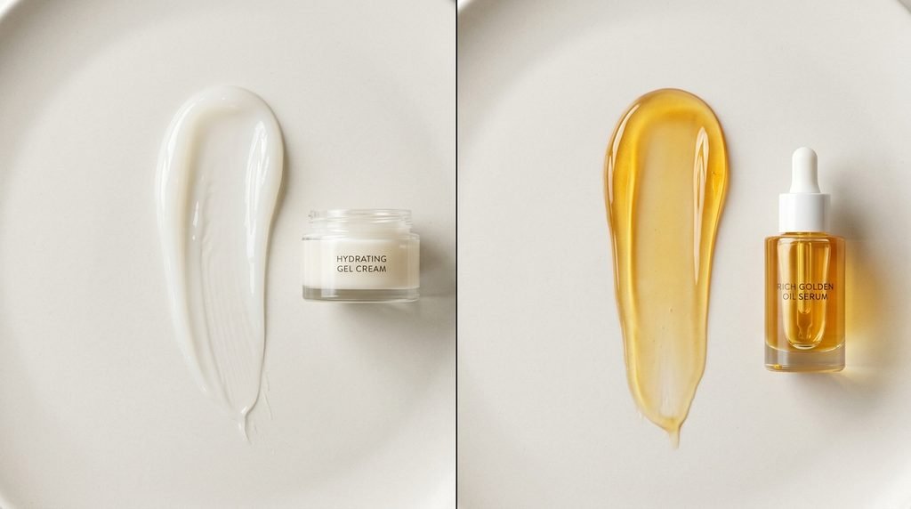 Side by side cosmetic cream and oil serum texture swipes on a beige stone surface,