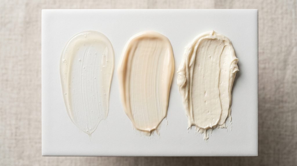 Three different moisturizer swatches brushed across a white frosted tile in bright light.