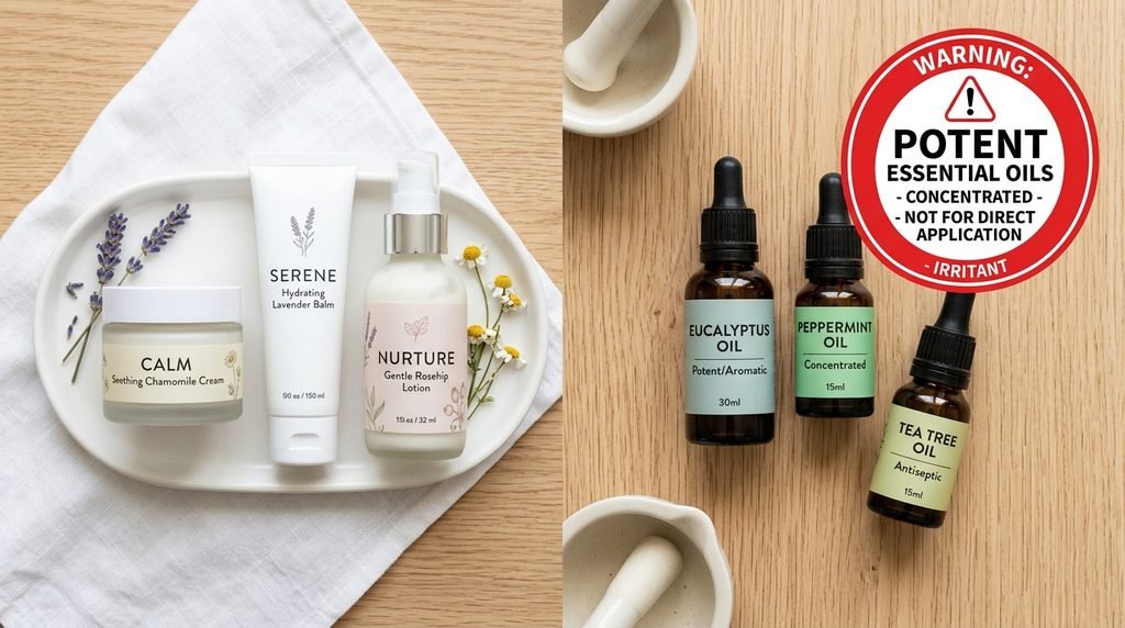 Minimalist visual comparison of safe skincare products versus harsh irritants.