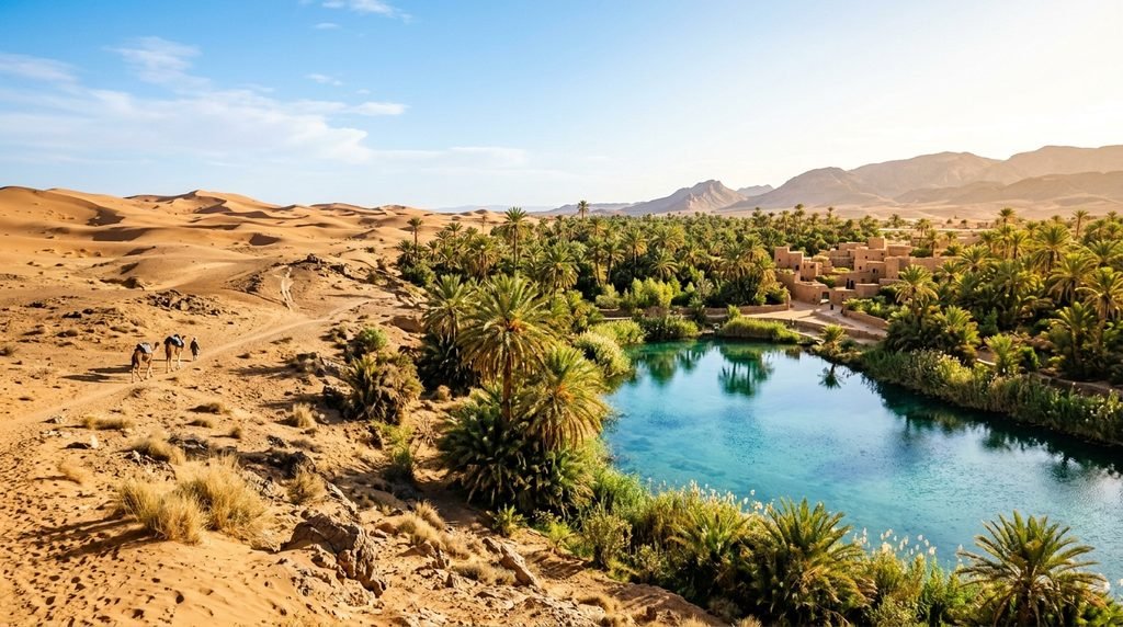 Conceptual split scenery of desert sun and fresh blue water symbolizing extremophile resilience.