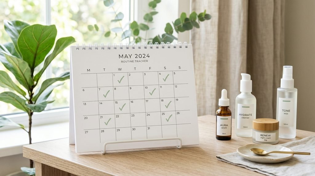 Minimalist calendar with skincare bottle demonstrating a gradual schedule