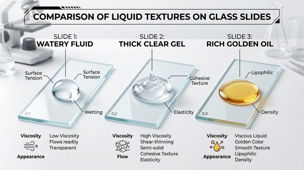 Three different serum textures including liquid, gel, and oil displayed side-by-side.