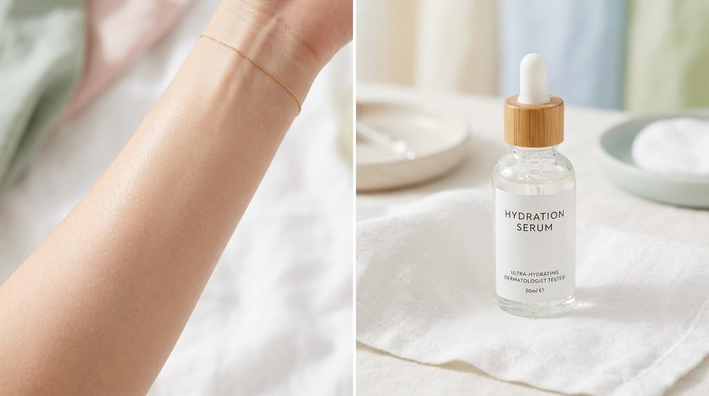 Close-up of healthy skin texture next to a glass serum dropper bottle