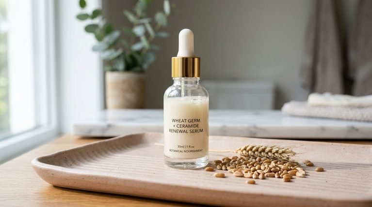 A glass serum bottle with dropper next to natural grain stalks on a minimal background