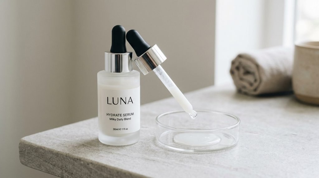 Milky white serum bottle and glass dish on a light gray stone background.