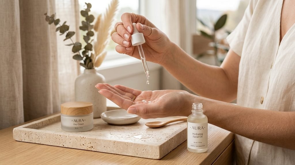 Single droplet of clear skincare serum suspended from a glass dropper above a hand, 