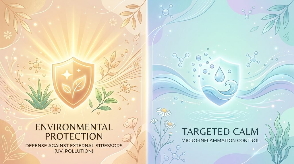 Abstract split illustration showing sun protection elements on left and calm blue waves on right.